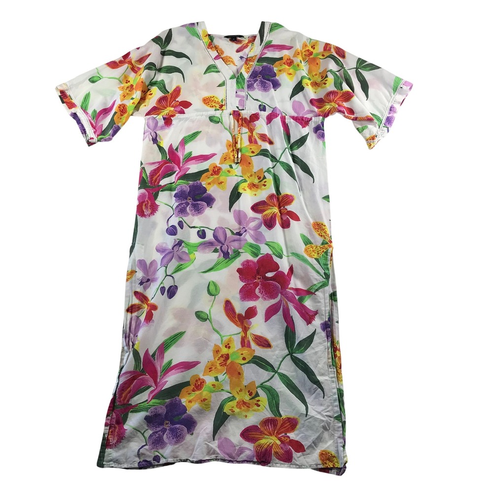 Lands End Women Floral Silk Blend Swim Cover Up Kaftan White Medium 10-12